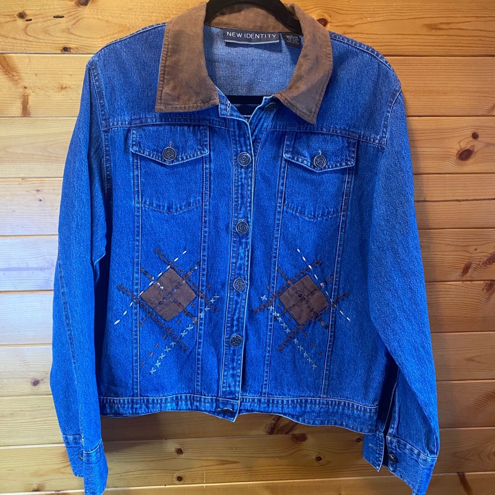 New Identity Women's Blue Denim Jacket Brown Suede‎ Collar Embroidered Size XL